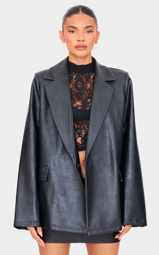 Black Distressed Faux Leather Blazer