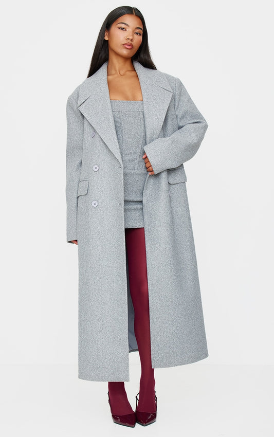Grey Wool Look Double Breasted Oversized Maxi Coat