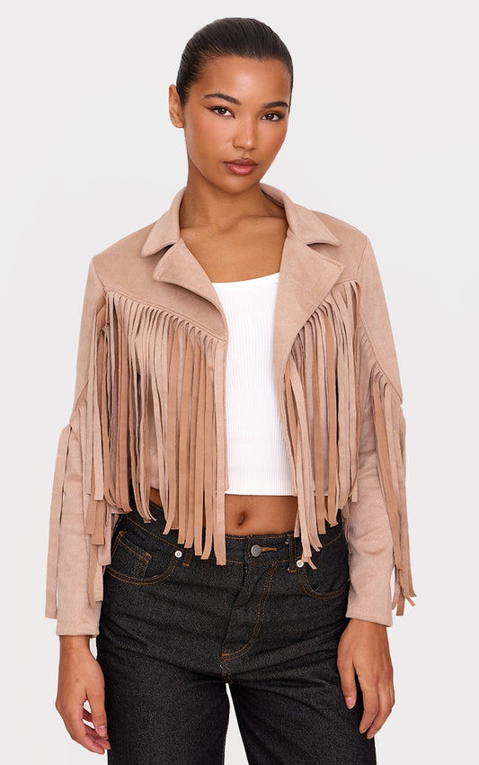 Beige Cropped Tassel Faux Suede Jacket