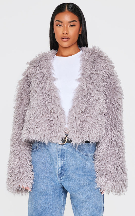Grey Cropped Faux Fur Coat