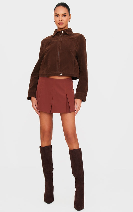Chocolate Tailored Woven Box Pleat Skater Skort