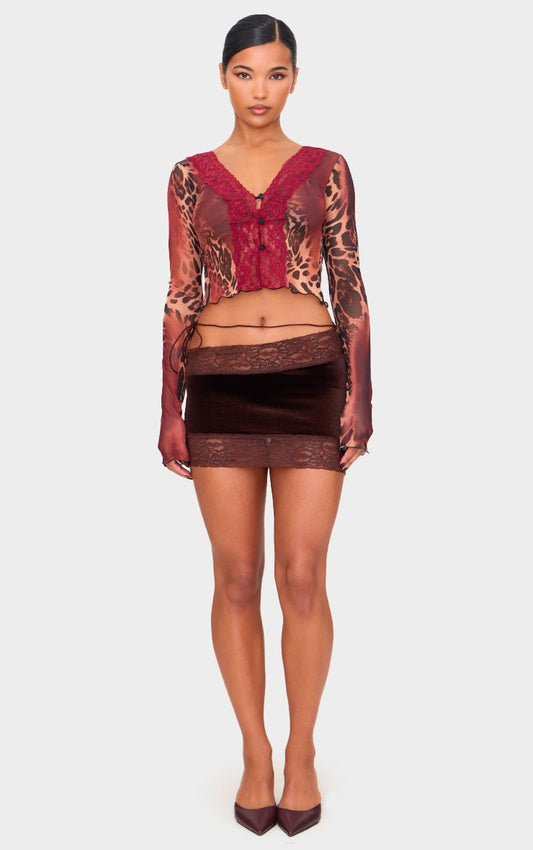 Chocolate Lace Trim Velvet Micro Skirt