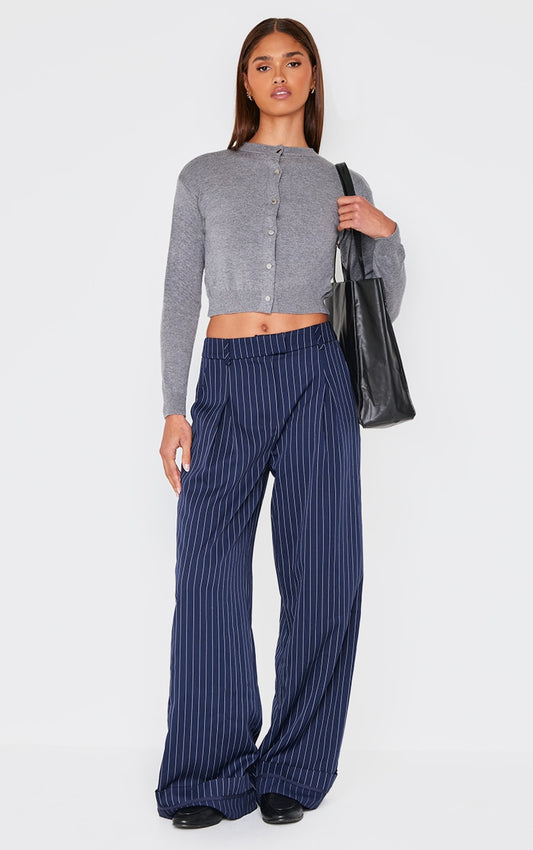 Navy Pinstripe Tailored High Waisted Turn Up Hem Straight Leg Trousers