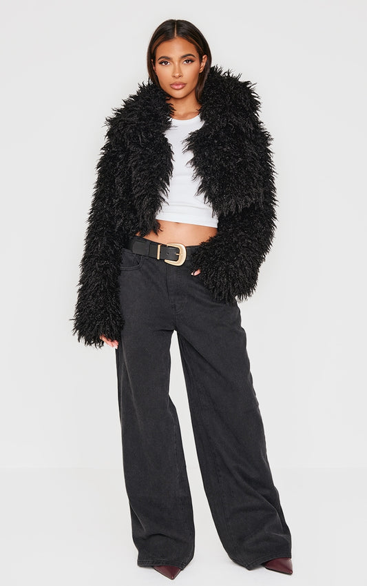 Black High Neck Faux Fur Cropped Jacket