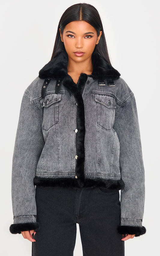 Grey Soft Faux Fur Aviator Style Denim Jacket