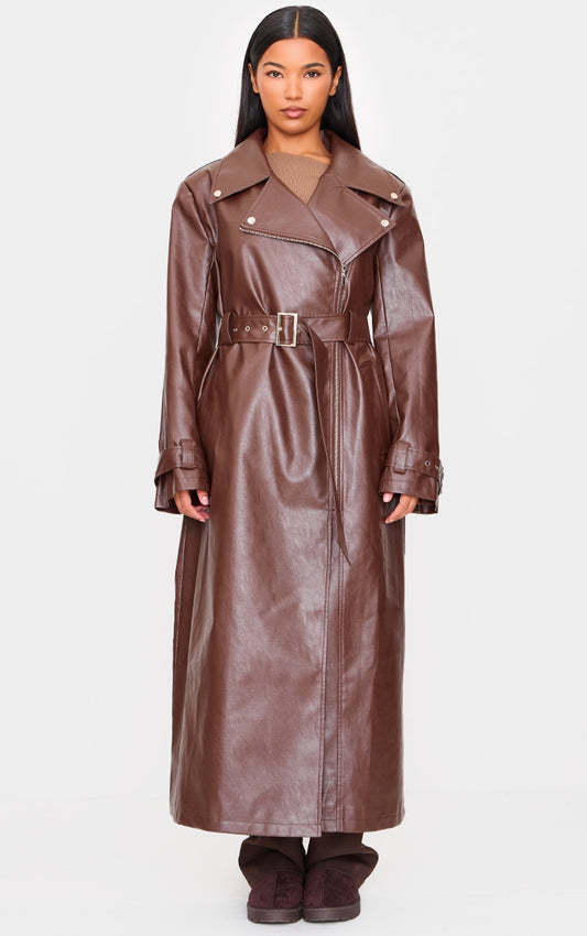 Brown Faux Leather Belted Trench Coat