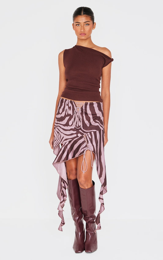 Brown Zebra Print Handkerchief Hem Skirt