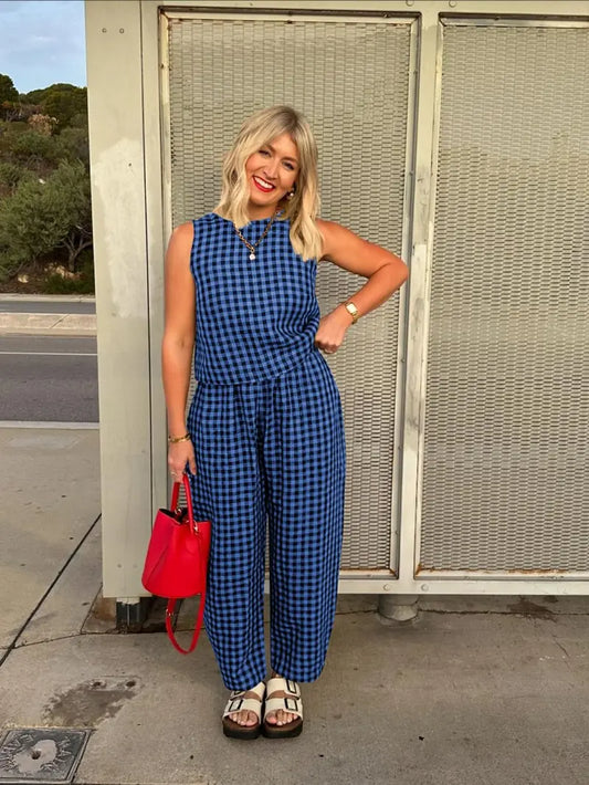 Plaid Print Tank Top & Pocket Pants Two-piece Set