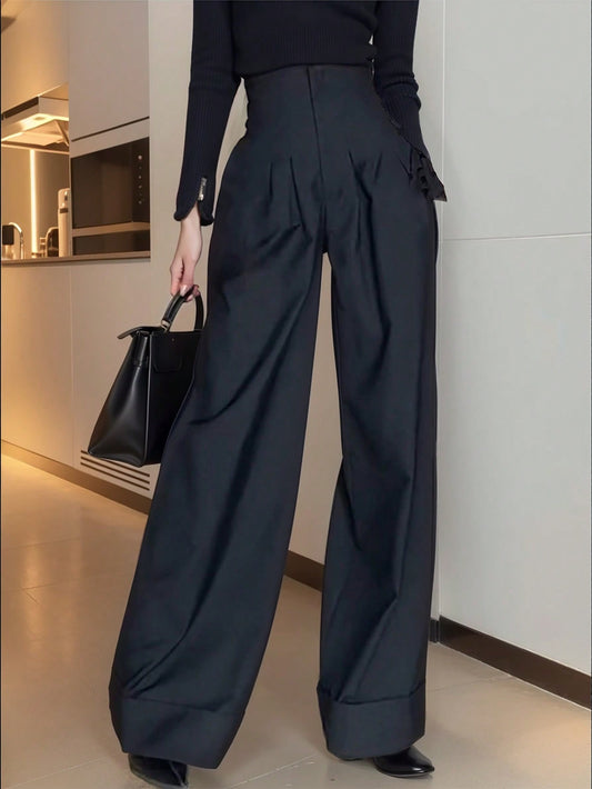 Solid Color High Waist Pleated Wide Leg Pants With Slanted Pockets