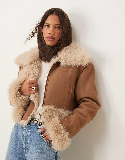 faux fur bonded suedette jacket in tan