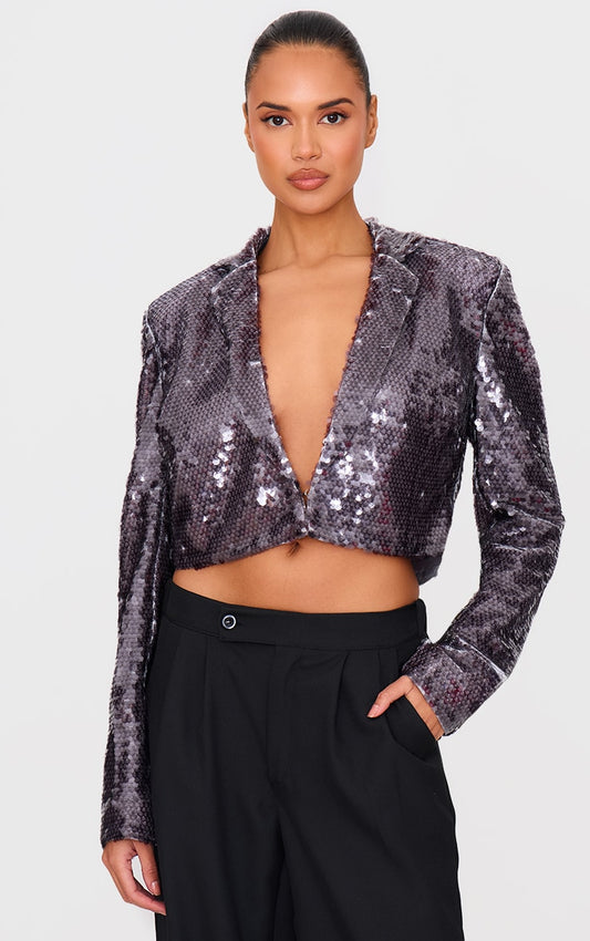 Silver Cropped Sequin Blazer