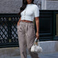 Taupe Woven Waistband Detail Tailored Straight Leg Trousers